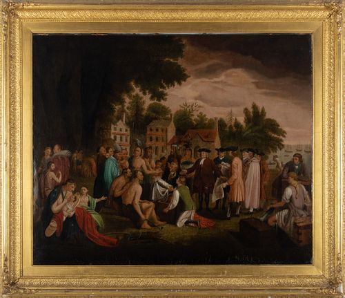 Oil On Canvas C. 19th.c., William Penn Negotiating With The Indians, H 27'' W 34''