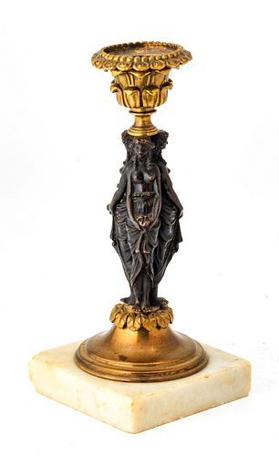 Bronze Figural Candlestick,  19th.c., Three Graces, H 7'' Dia. 2.75''