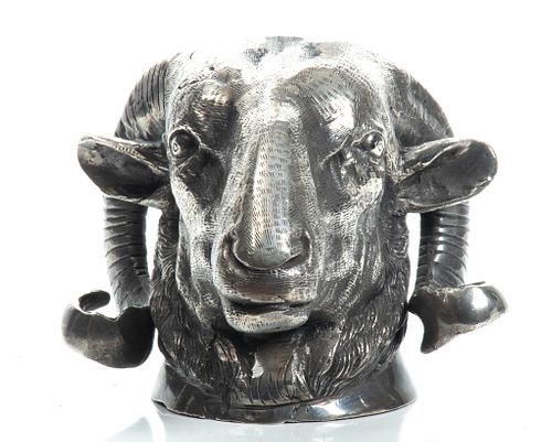 Silver Tone Metal Ram's Head Sculpture, H 6'' W 8'' Depth 7.5''