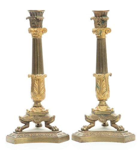 French Empire Bronze Column Form Candlesticks H 11'' W 5'' 1 Pair