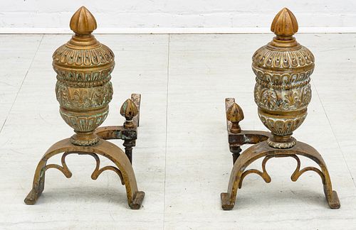 Cast Bronze Andirons, Pair,  Early 20th C., H 18.5''