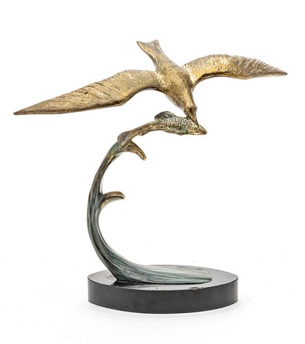 G. Lauroff Bronze Sculpture Of A Seagull Catching A Fish, H 9.25'' L 12''