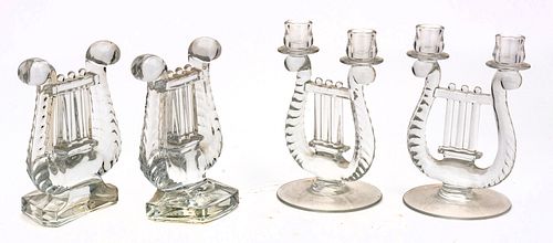 Glass Lyre Form Bookends & Candlesticks, H 8.25'' W 5.5'' 2 Pairs
