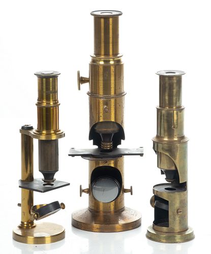 Three Unmarked European Brass Microscopes,  Late 19th/early 20th C., H 6" (2) And 8" (1)