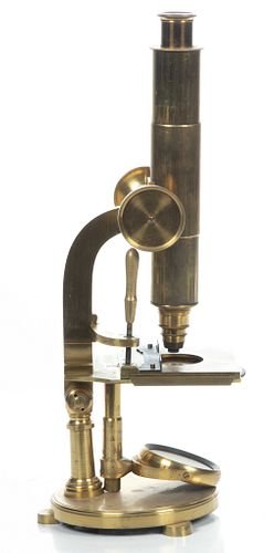 Unmarked 19th C. Brass Monocular Microscope, H 15.5''