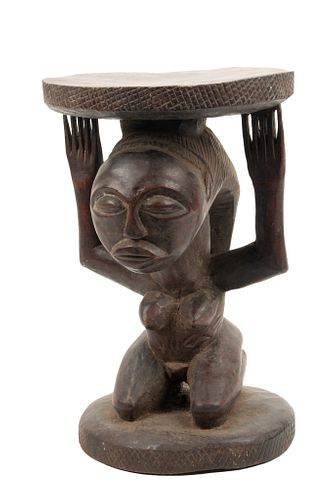 AFRICAN SONGYE, ZAIRE CARVED WOOD STOOL WITH KNEELING FEMALE FIGURAL SUPPORT, H 14.5", DIA 9.5" 