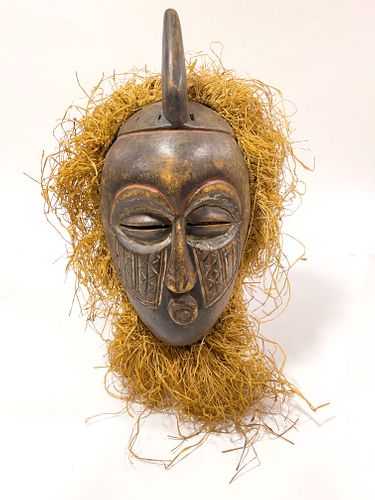 AFRICAN CARVED WOOD WITH RAFIA MASK, H 16", W 9", D 6" 