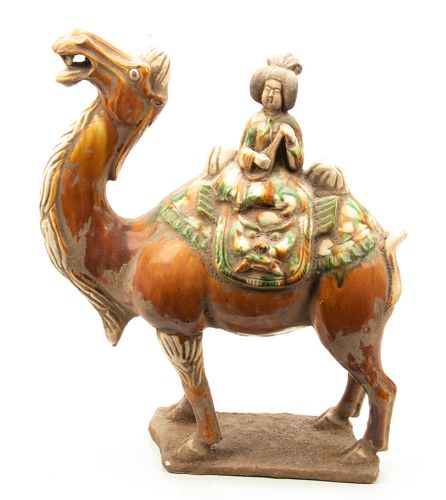 CHINESE TANG STYLE POTTERY CAMEL H 15" W 11 3/4" 