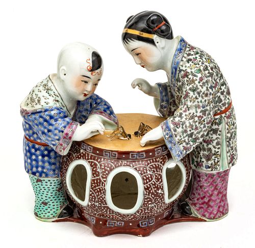 Chinese  Porcelain Statue Of Mother And Child Playing Board Game H 10'' W 10''