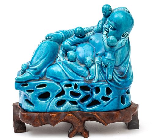 Chinese  Porcelain Reclining Buddha With Children C. 1920, H 8'' L 9''