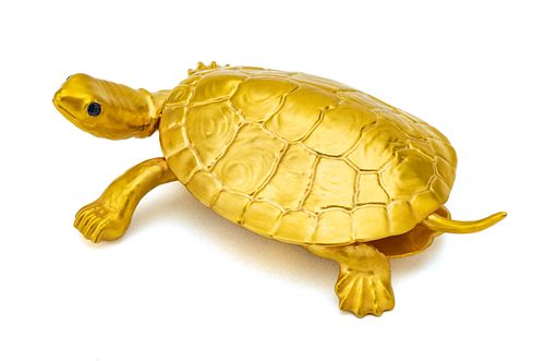 Boehm Gilded Porcelain Turtle With Sapphire Eyes, H 1'' L 4.25''