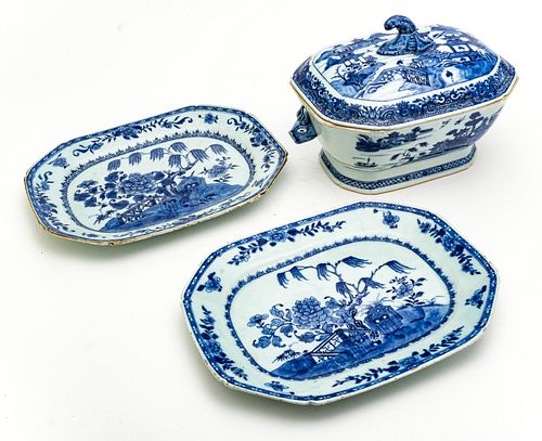 Chinese Neolithic To Sui Dynasty Blue On White Porcelain Serving Pieces C. 1900, Tureen And Platters, 3 pcs