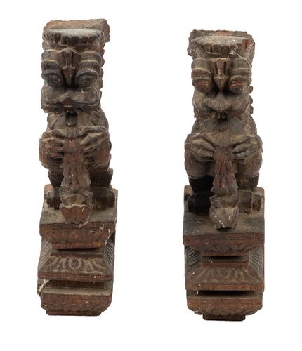 INDIA, PAIR OF CARVED WOOD BRACKETS, 19TH.C. H 7 W 3 