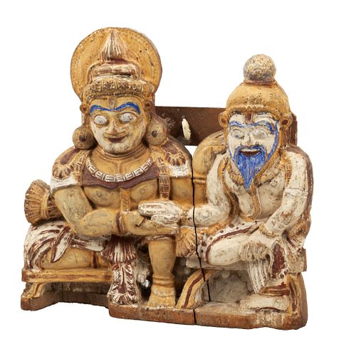 INDIA POLYCHROME CARVED WOOD, TWO SEATED FIGURES, 19TH.C. H 9", W 10", D 3" 