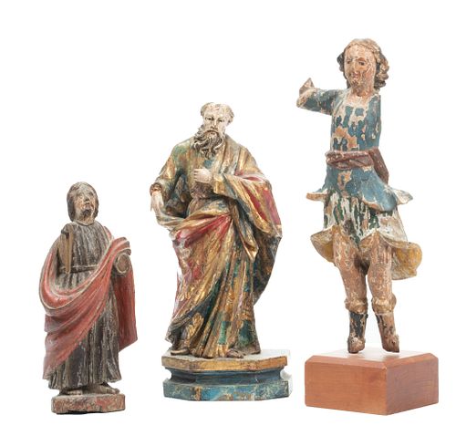 Group Of Three Santos Carved Polychromed Wood Sculptures