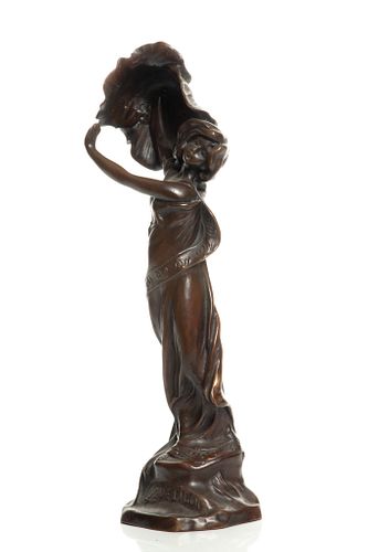 French Art Nouveau Bronze Figural Sculpture, 20th C., "Coquelicot", H 11'' W 3.5''