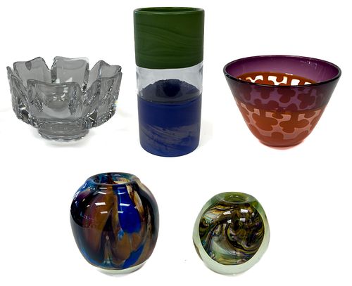 Art Glass Bowls & Vessels, Feat. Bertil Vallien, 20th C, H 8'' Dia. 4'' 5 pcs