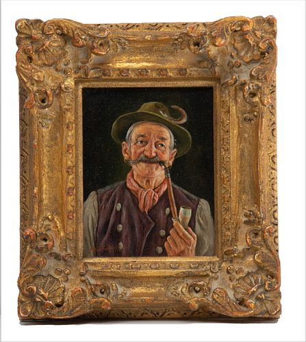 Hans Barttenbach B 1908  Oil On Wood Panel Portrait Of Man Smoking Pipe C. 1960, H 7'' W 5.5''