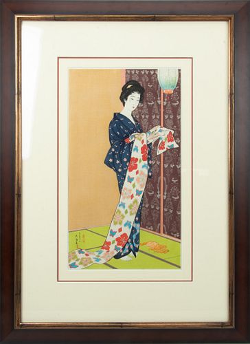 HASHIGUCHI GOYO (JAPANESE, 1880-1921) WOODBLOCK PRINT, RICE PAPER, H 20.7", W 11.5", STANDING GEISHA