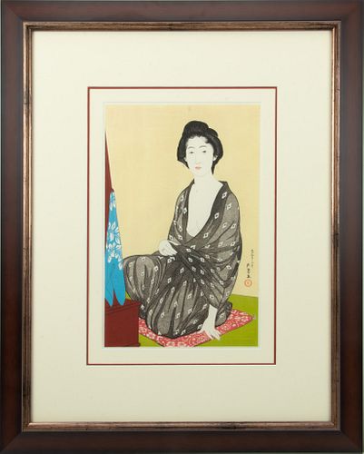 HASHIGUCHI GOYO (JAPANESE, 1880-1921) WOODBLOCK PRINT, RICE PAPER, H 17.5", W 11", KNEELING YOUNG BEAUTY
