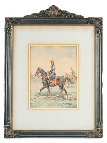 Stephan Pajaczkowski (Polish, 1900-1978) Watercolor On Paper,  1953, 19th Century Polish Cavalryman,, H 11.5'' W 8.75''