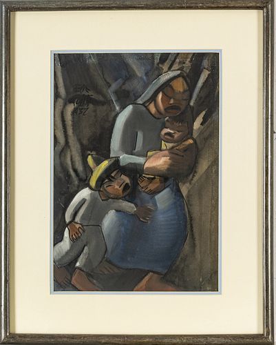 JOSE FAIN, GOUACHE ON PAPER, 1932 H 17.5", W 12.25", MOTHER WITH CHILDREN 