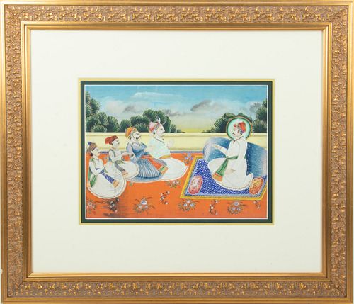INDIAN GOUACHE ON PARCHMENT, H 10.5", W 14", MAHARAJA WITH FOLLOWERS 