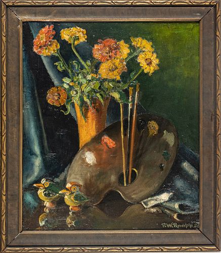 P.W. RUOPP, OIL ON CANVAS, 1926, H 19", W 16.25", STILL LIFE WITH FLOWERS 
