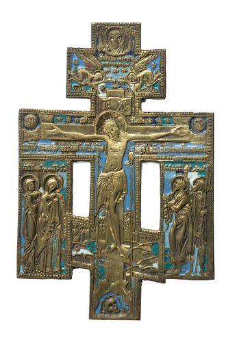 Old Russia Bronze Enamel Cross Icon  H 6.5'' W 4.2''
