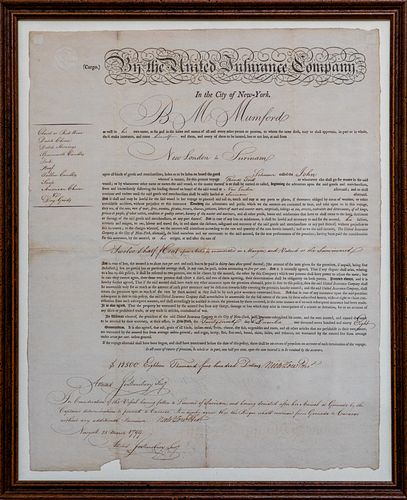 United Insurance Company, New York, Naval Insurance Document, March 25th 1799, H 19.5'' W 15.5''