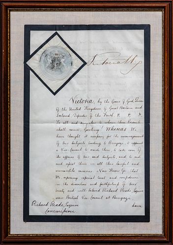 Victorian Document Appointing British Vice Consul To Benghazi, 19th C., H 15'' W 9.5''