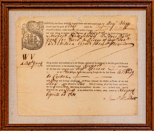 Early American Bill Of Lading, April 16 1781, H 6.25'' W 7.5''
