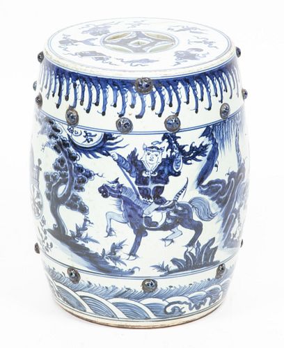 Chinese Blue And White Porcelain Garden Seat, H 16'' Dia. 12''