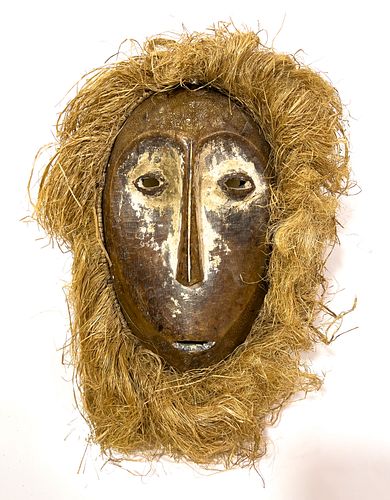 AFRICAN POLYCHROMED AND CARVED WOOD AND STRAW MASK, H 11", W 6", LEGA-- CONGO 