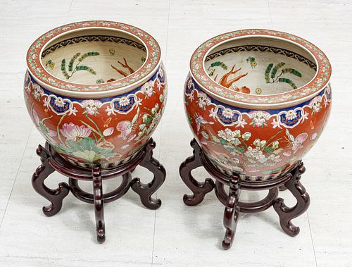 CHINESE POLYCHROME PORCELAIN PLANTERS, PAIR, H 12", DIA 14"