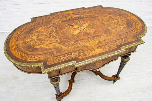 FRENCH MARQUETRY PARLOR TABLE, BRONZE MOUNTS 19TH.C. H 29" W 53" D 33" 