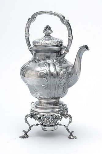 GUSTAVE KELLER, PARIS SILVER KETTLE ON WARMING STAND H 20" W 12" 