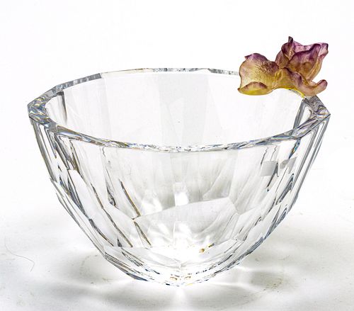 ORREFORS CRYSTAL BOWL WITH ORCHID H 8" DIA 11" - 12" 