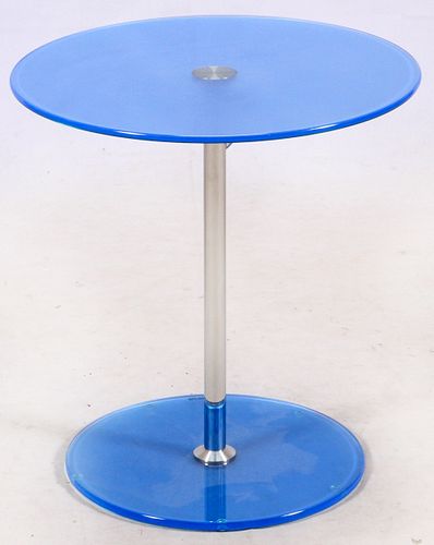 CONTEMPORARY ADJUSTABLE, PEDESTAL TABLE, TEMPERED GLASS AND CHROMED METAL, C1970, H 19" - 32", DIA 18"