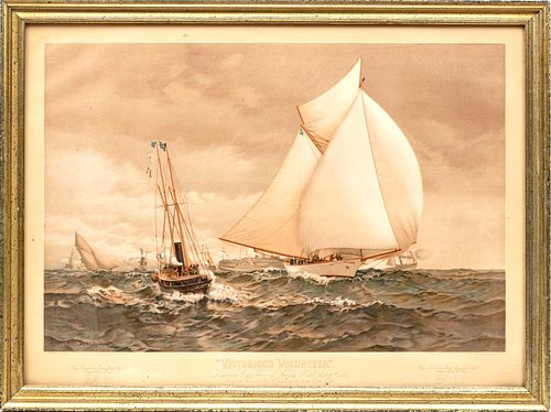 AMERICA'S CUP "VICTORIOUS VOLUNTEER" CHROMOLITHOGRAPH H 22" W 30" 