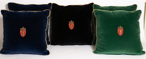 VELVET PILLOWS WITH METAL THREAD EMBROIDERED NORWEGIAN COATS OF ARMS, 20TH C., FIVE PIECES, H 15", W 15" 