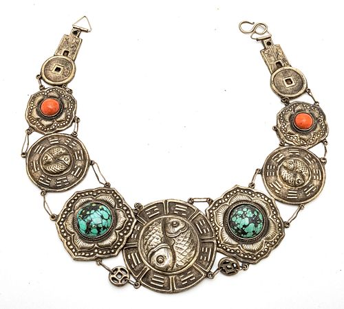 CHINESE UNMARKED SILVER & STONE CHOKER NECKLACE, L 16", T.W. 190 GR 