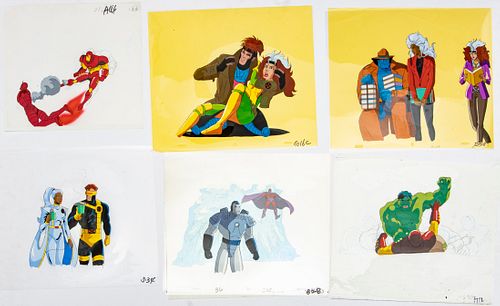 MARVEL PRODUCTION ANIMATION CELS AND SKETCHES, C. 1990S, H 10 1/2", W 12 1/2", "X-MEN: THE ANIMATED SERIES", "IRONMAN" 