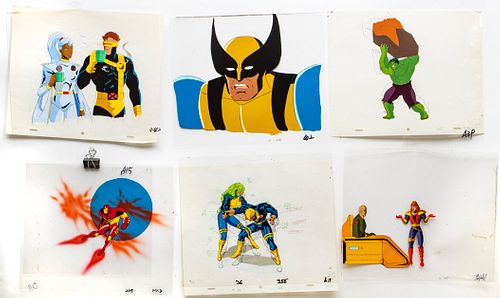 MARVEL PRODUCTION ANIMATION CELS AND SKETCHES, C. 1990S, H 10", W 12", "X-MEN: THE ANIMATED SERIES", "IRONMAN" 