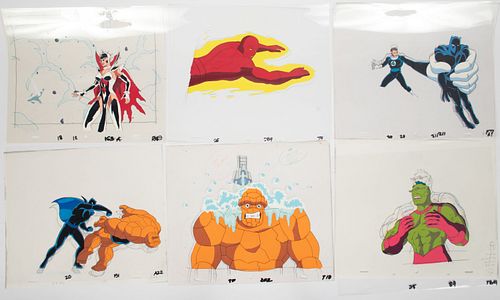 "THE FANTASTIC FOUR" PRODUCTION ANIMATION CELS AND SKETCHES, C. 1990S, H 10", W 12" 