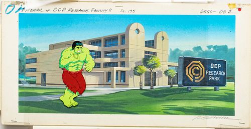 "THE INCREDIBLE HULK" PRODUCTION ANIMATION CEL WITH HAND PAINTED BACKGROUND, C. 1982, H 6 1/2", W 14" (VISIBLE IMAGE) 