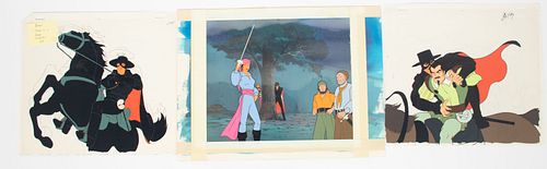 "THE NEW ADVENTURES OF ZORRO" PRODUCTION ANIMATION CELS, SKETCHES AND HAND PAINTED BACKGROUND, C. 1980, H 9", W 10" 