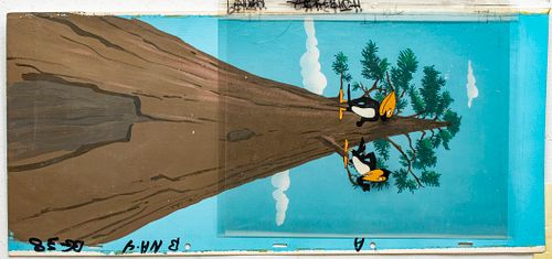 "HECKLE AND JECKLE" PRODUCTION ANIMATION CELS WITH HAND PAINTED BACKGROUND, C. 1980, H 21", W 9" (VISIBLE IMAGE) 