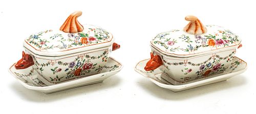 CHINESE EXPORT STYLE TUREENS AND TRAYS, PAIR W 5.5" L 8" 
