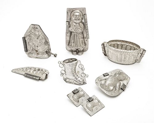 ANTIQUE HOLIDAY THEMED METAL CHOCOLATE MOLDS, H 2.75" TO 8.75" 